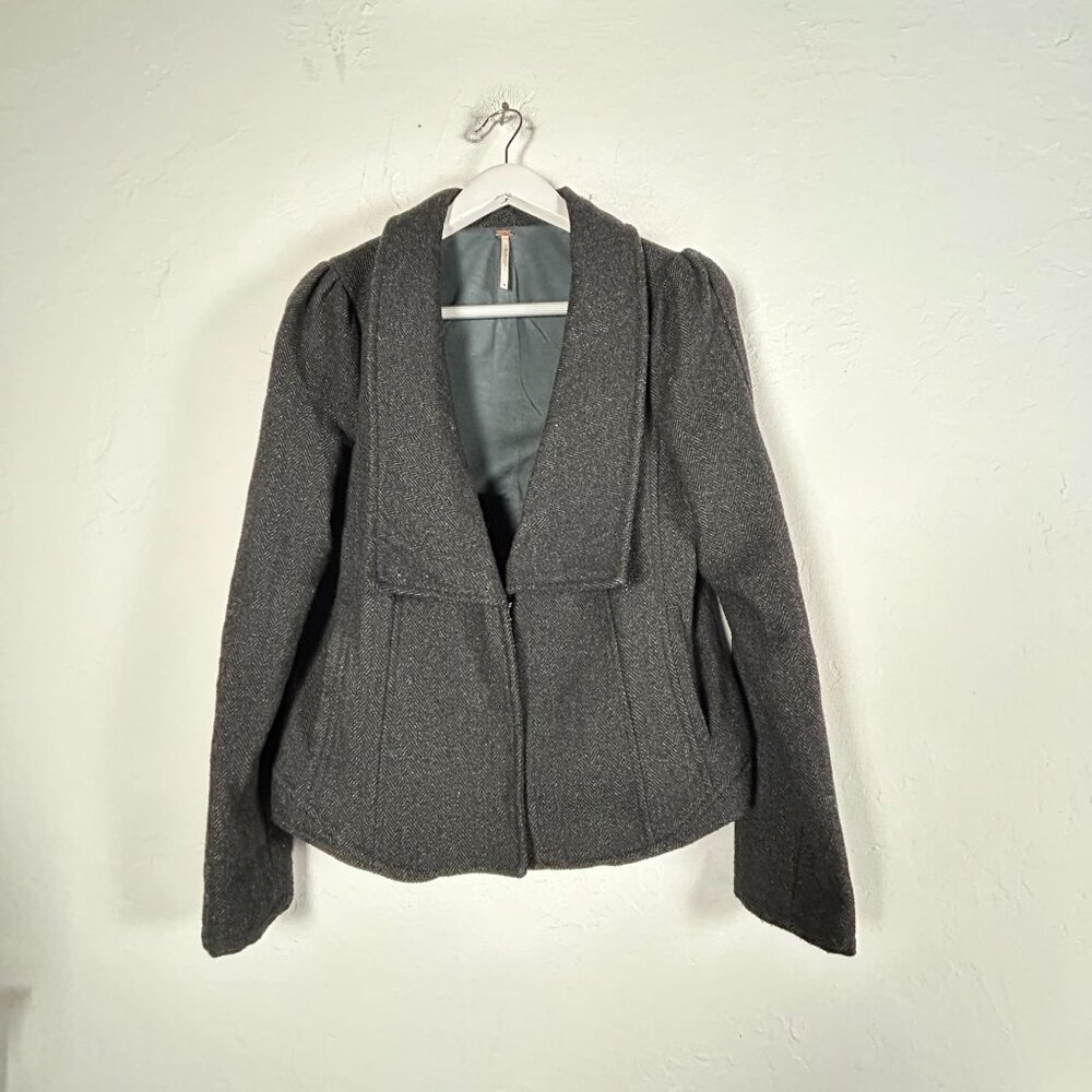 Free People Womens Gray Wool Blend Herringbone Jacket Blazer Work Size 10 Lined